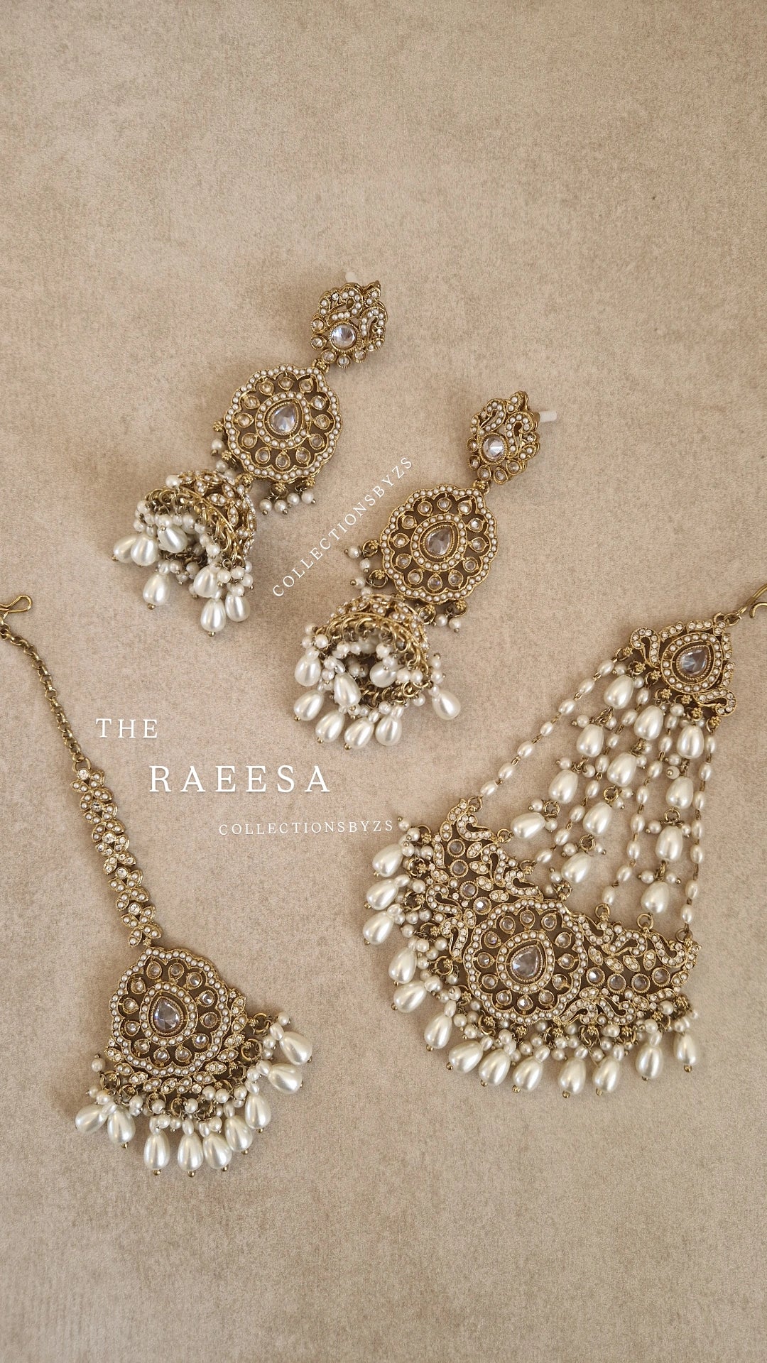 RAEESA-  Earrings, Tikka, Passa (Jhumar Set) -White & Gold.