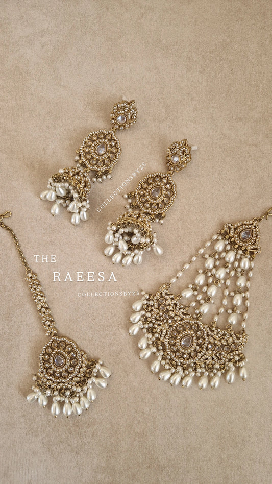 RAEESA-  Earrings, Tikka, Passa (Jhumar Set) -White & Gold.