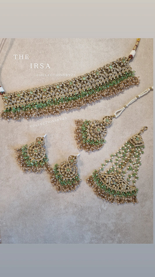IRSA- Stunning Indian Semi Bridal/ Party Wear Choker Set -  LIGHT GREEN AND GOLD