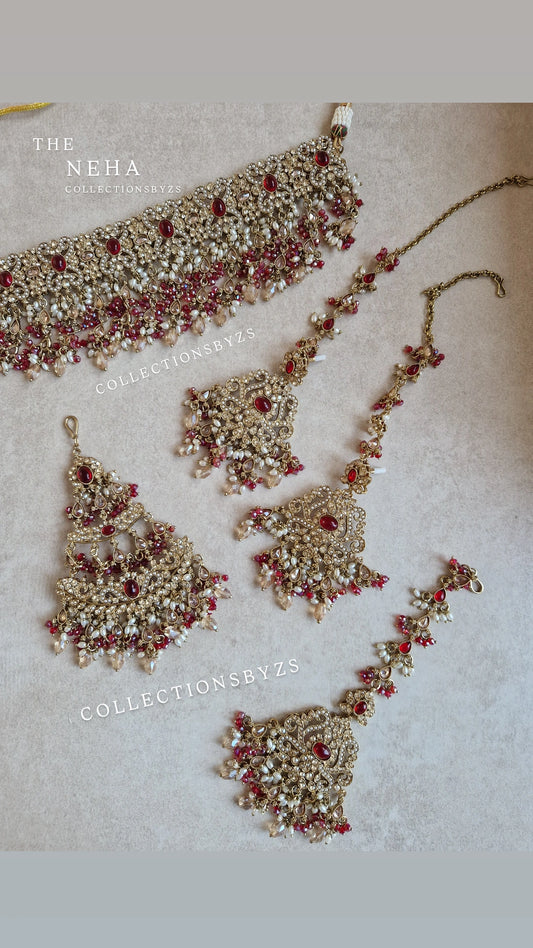 NEHA- Stunning Indian Choker Set - RED & GOLD
